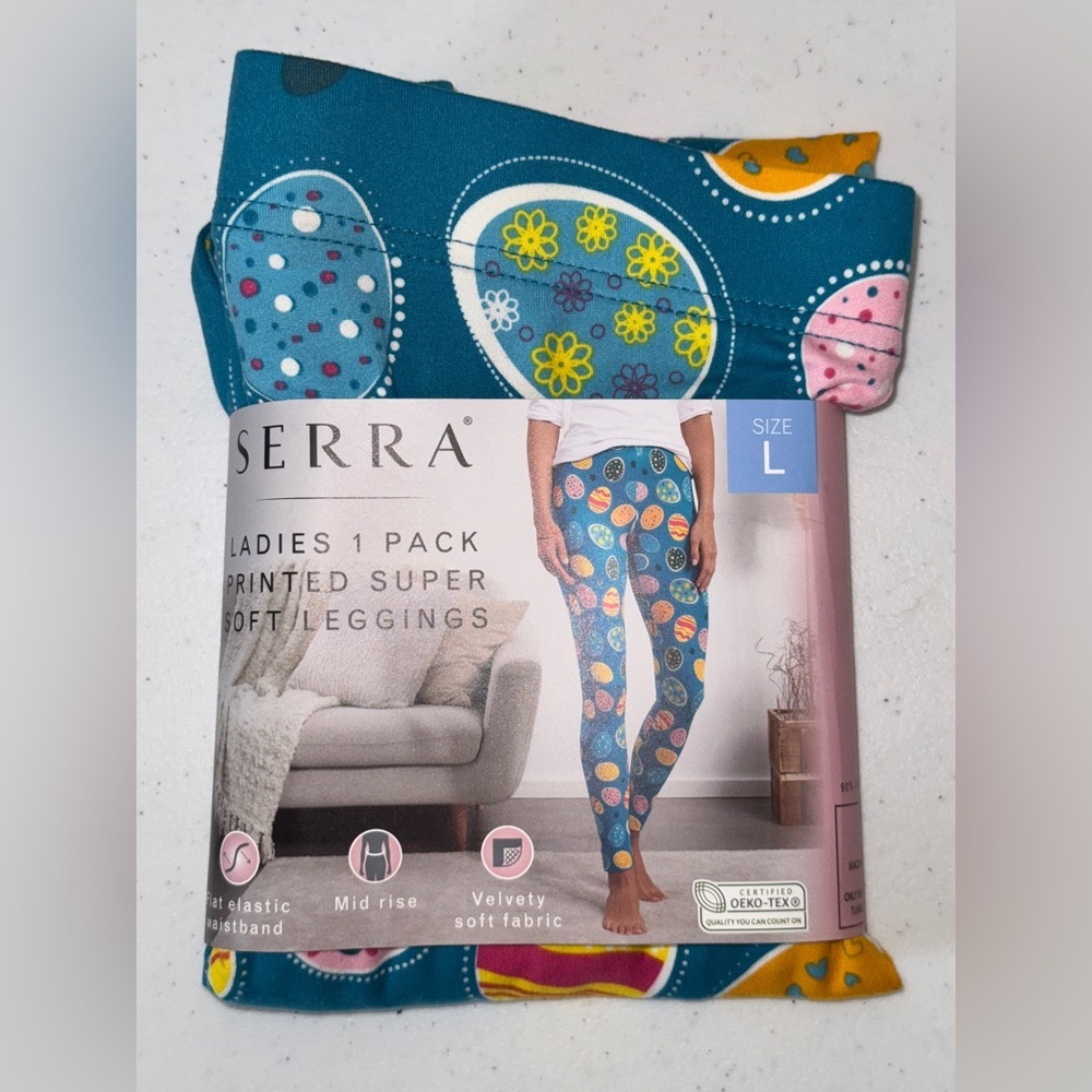 SERRA LADIES BLUE SUPER SOFT LEGGINGS EASTER EGGS SIZE Lg - NWT OEKO-TEX - Picture 2 of 3
